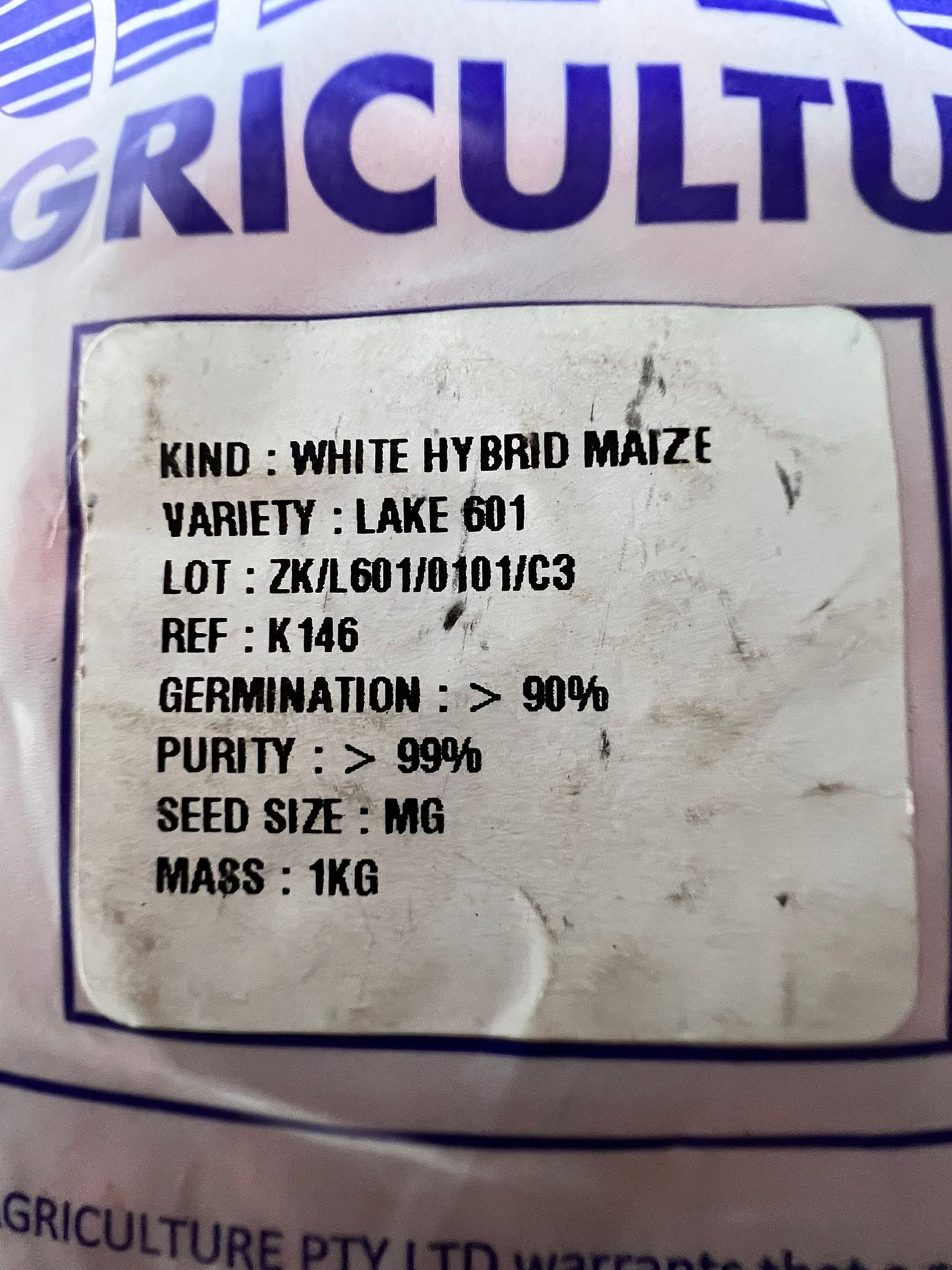 LAKE 601 WHITE HYBRID MAIZE SEED