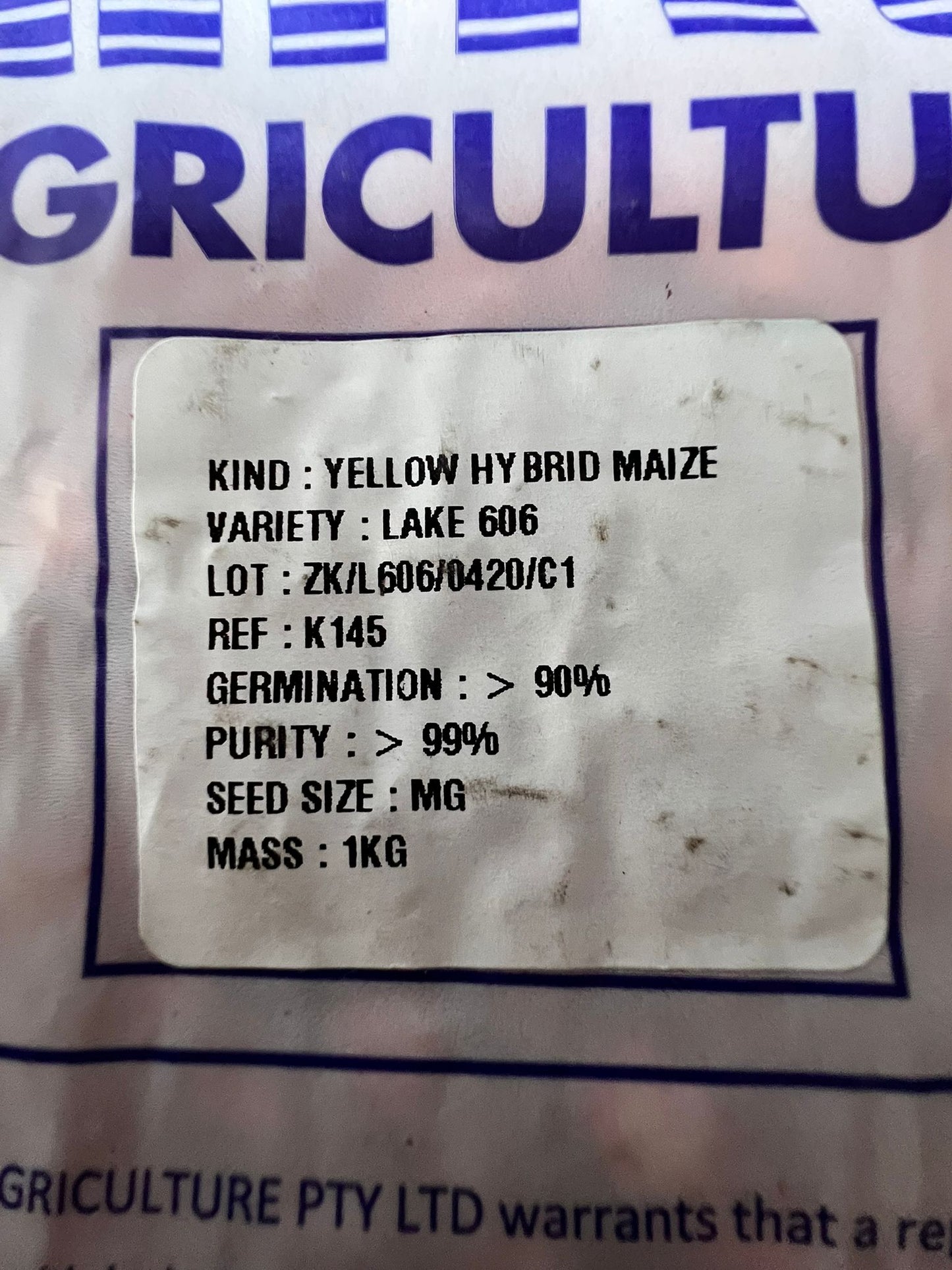 LAKE 606 YELLOW HYBRID MAIZE SEEDS 1KG